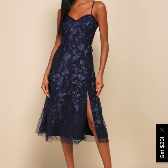 Lulus Charmingly Sophisticated Navy Blue Tulle Midi Dress - Picture 1 of 5